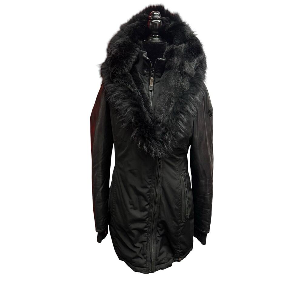 RUDSAK Grace Black Down Puffer Coat M Genuine Leather Sleeves Real Fur Parka - Picture 2 of 15